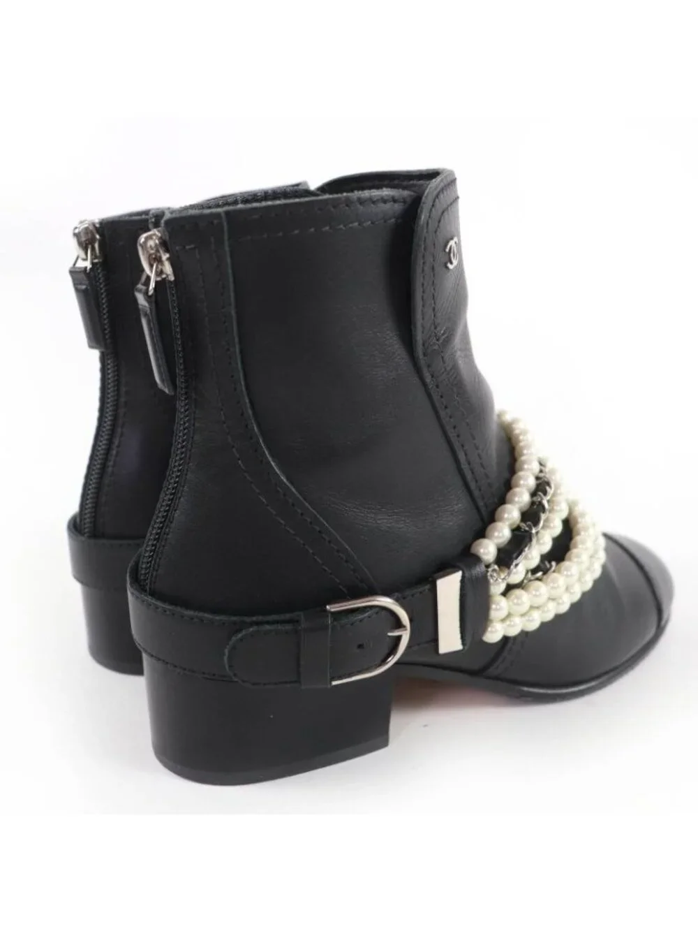 Chanel CC Logo Faux Pearl Chain Leather Short Boots Black 36 - Picture 3 of 13